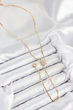 Pirinç Zirkon Taşlı Ezme Zincirli Kutup Yıldızı Model Gold Renk Y Kolye