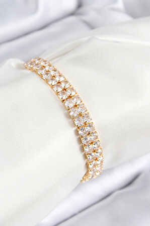 Pirinç Zirkon Taşlı Çift Sıra Kare Model Gold Renk Asansörlü Kadın Bileklik