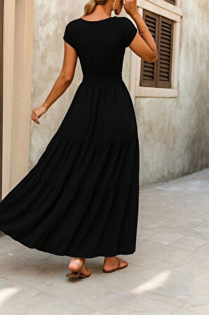 Kadın Kısa Kollu Kruvaze Yaka Beli Lastikli Süprem Maksi Boy Elbise