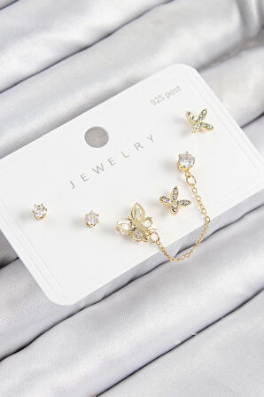 Pirinç Zirkon Taşlı Kelebek Model Gold Renk 925 Ayar Gümüş Çivi Kadın Küpe Set