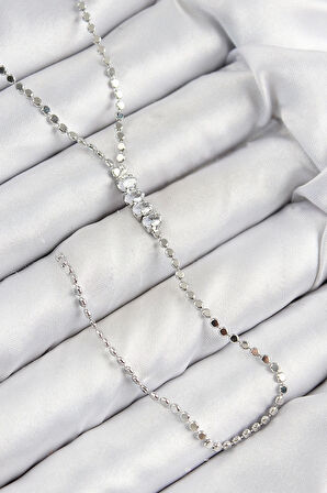 Pirinç Zirkon Taşlı Ezme Zincirli Model Gümüş Renk Y Kolye