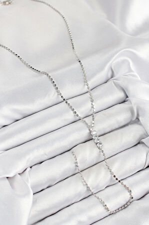 Pirinç Zirkon Taşlı Ezme Zincirli Model Gümüş Renk Y Kolye