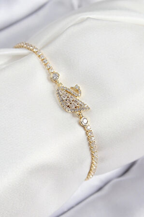 Pirinç Zirkon Taşlı Kuğu Model Gold Renk Kadın Bileklik