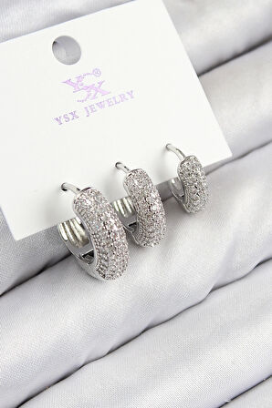 Pirinç Zirkon Taşlı 3'lü Halka Model Gümüş Renk Kadın Küpe