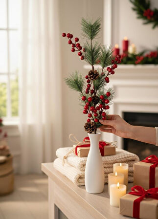 Yapay Çiçek Kokina ve Çam Dalı Uzun Dal Kozalaklı 75cm Yılbaşı Çiçeği Red Berry