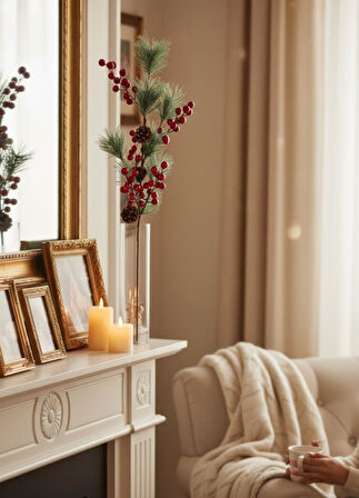 Yapay Çiçek Kokina ve Çam Dalı Uzun Dal Kozalaklı 75cm Yılbaşı Çiçeği Red Berry