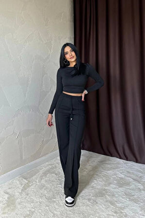Siyah Bel Büzgülü Pantolon