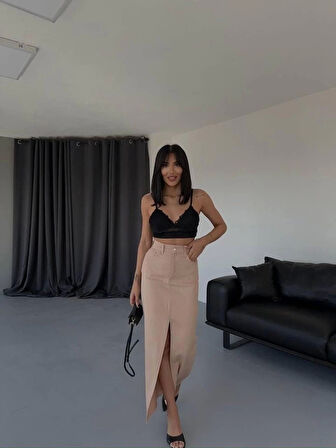 GABARDİN UZUN ÖNDEN YIRTMAÇLI ETEK - Kahverengi