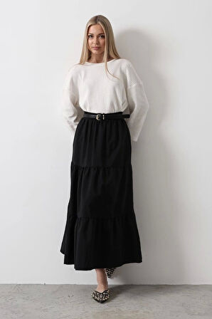 Pamuklu Beli Lastikli Etek - Siyah