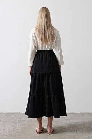 Pamuklu Beli Lastikli Etek - Siyah