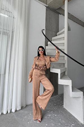 JAKARLI BLUZU TASARIM DETAYLI CEKET-PANTOLON-BLUZ 3 LÜ TAKIM - Bej