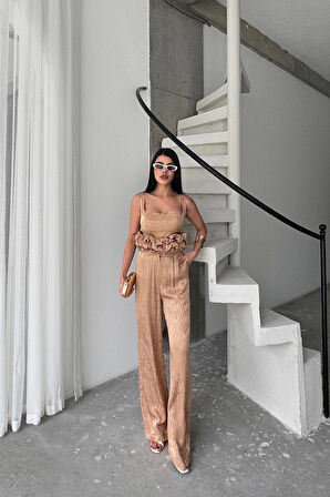 JAKARLI BLUZU TASARIM DETAYLI CEKET-PANTOLON-BLUZ 3 LÜ TAKIM - Bej