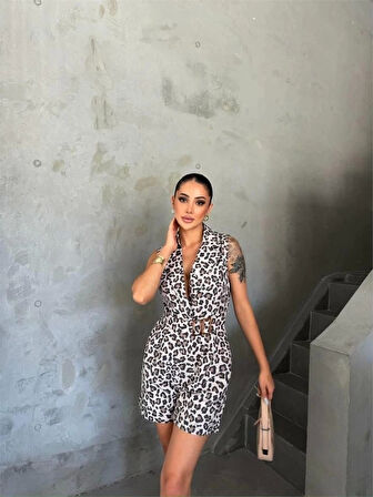 LEOPAR ŞORT TULUM CEKET YAKA TOKA DETAYLI - Leopar