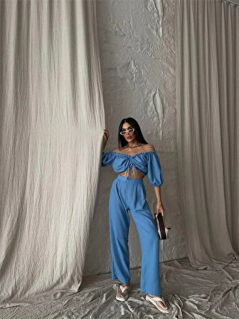 KETEN CROP BLUZ BÜZGÜ YAKA + PANTOLON TAKIM - Mavi