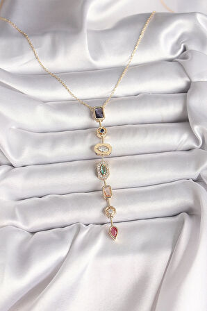 Pirinç Gold Renk Zirkon Taşlı Baget Dekolte Model Kadın Kolye