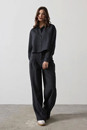 Çizgili Gömlek Pantolon Takım - Lacivert
