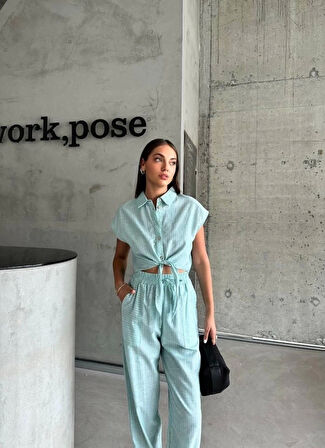 ÇİZGİLİ KETEN KOLSUZ CROP PANTOLON TAKIM - Yeşil