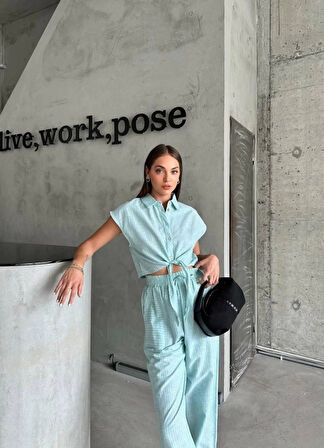 ÇİZGİLİ KETEN KOLSUZ CROP PANTOLON TAKIM - Yeşil