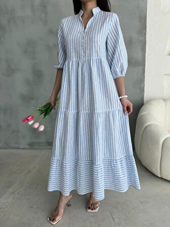 ÇİZGİLİ KETEN HAKİM YAKA DÜĞMELİ SALAŞ ELBİSE - Mavi