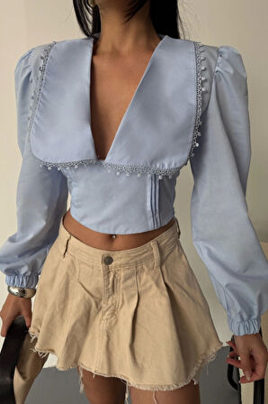 CROP POPLİN GÖMLEK YAKA KENAR DANTEL DETAYLI - Bebe Mavi