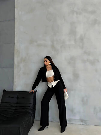 KETEN GÖMLEK-CROP-SALAŞ PANTOLON TAKIM - Siyah