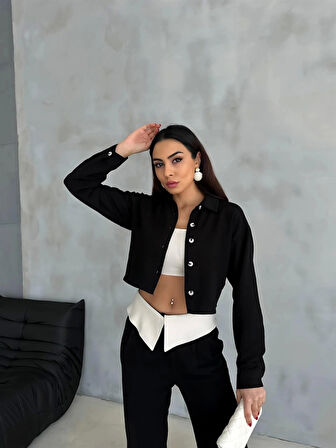 KETEN GÖMLEK-CROP-SALAŞ PANTOLON TAKIM - Siyah