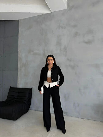 KETEN GÖMLEK-CROP-SALAŞ PANTOLON TAKIM - Siyah