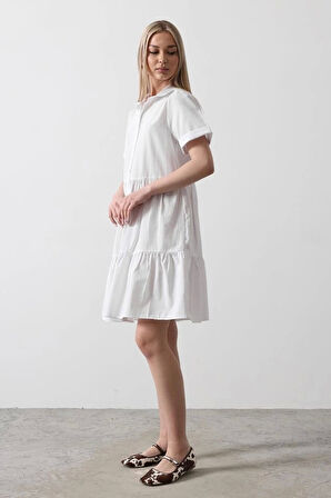 Kısa Kol Düğmeli Elbise - Beyaz