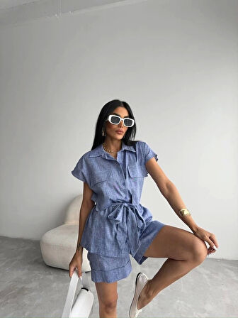 KETEN BAĞLAMALI KOLSUZ GÖMLEK - DUBLE PAÇA ŞORT TAKIM - Lacivert