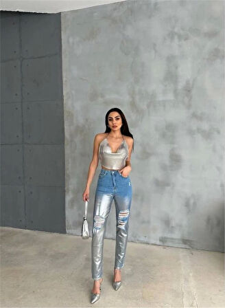 DİZ YIRTIK VARAKLI MOM KOT PANTOLON - Gümüş