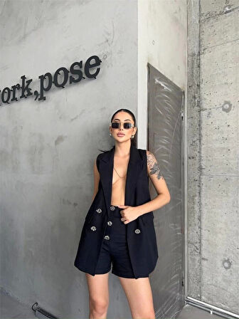 KETEN YELEK - ŞORT TAKIM - Siyah