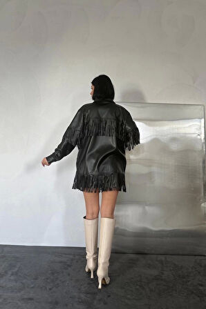 Siyah Püsküllü Deri Gömlek