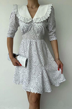 Beyaz Puantiyeli Önlük Yaka Elbise