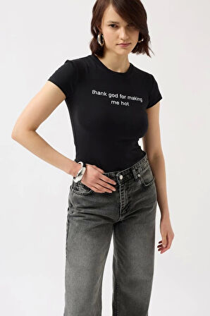 Baskılı Likralı Crop T-Shirt