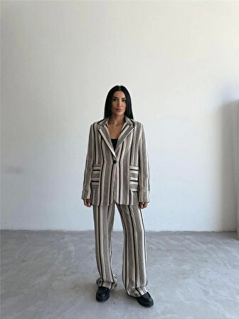 OTTOMAN ÇİZGİLİ CEKET-PANTOLON TK - Bej