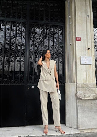 ÇİZGİLİ UZUN YELEK - PANTOLON TAKIM POLVİSCON - Bej