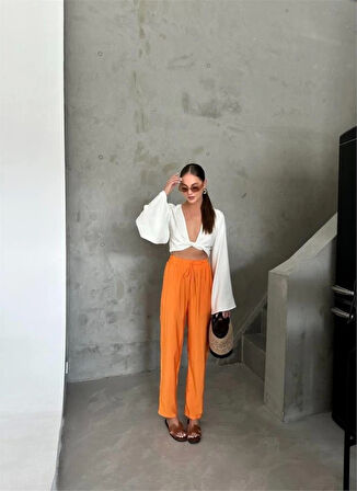 BEL LASTİK DETAYLI MODAL KUMAŞ PANTOLON - Orange
