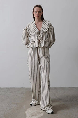 Bebe Yakalı Önü Bağlamalı Takım - Natür