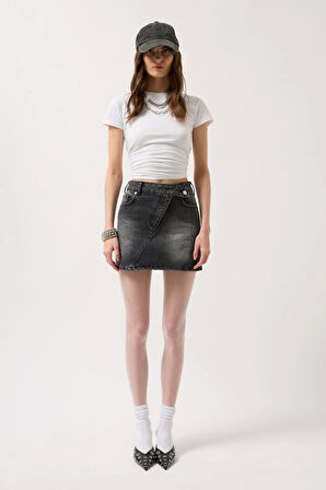 Asimetrik Kemer Denim Mini Etek