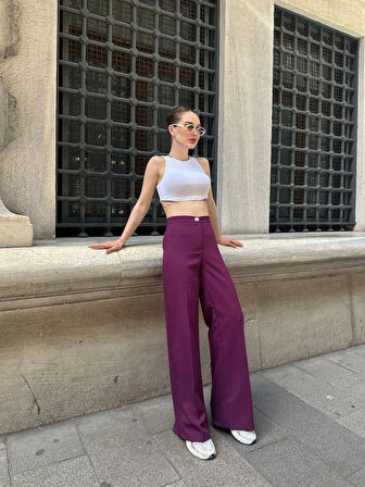Yüksek Bel Palazzo Metal Düğme  Pantolon