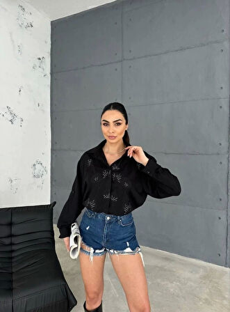 NAKIŞLI HAM KETEN GÖMLEK - Siyah