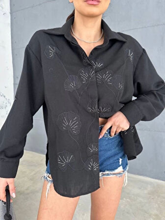 NAKIŞLI HAM KETEN GÖMLEK - Siyah