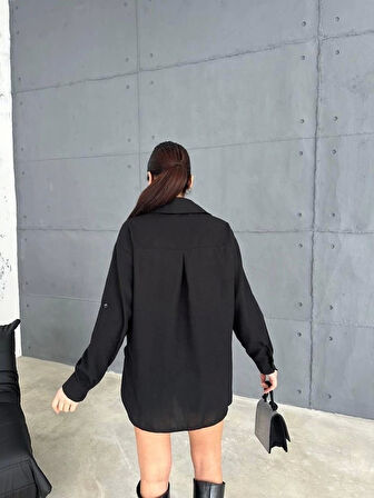 NAKIŞLI HAM KETEN GÖMLEK - Siyah