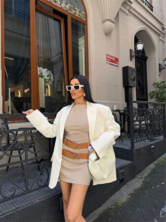 POLYVİSCON ÇİFT KEMER DETAYLI ELBİSE - Bej