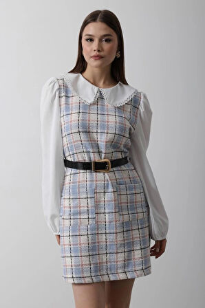 Ekoseli Gömlek Detaylı Elbise - Mavi