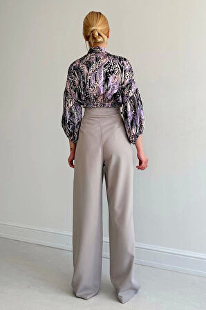 Beli Lastikli Saten Gömlek - Lila