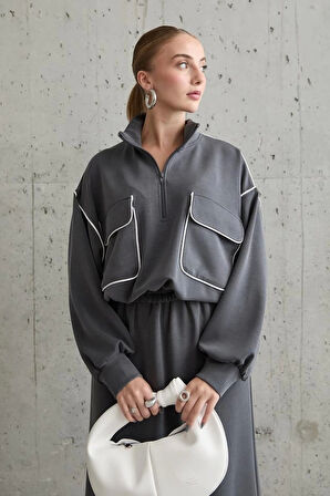 Füme Biyeli Sweatshirt Ve Etek Takım