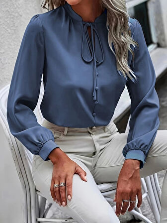 Kadın Uzun Kollu Yakalı Yakadan Bağcıklı Düğmeli Sandy Bluz