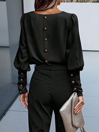 Kadın Uzun Kollu Yuvarlak Yakalı Düğmeli Ithal Krep Bluz