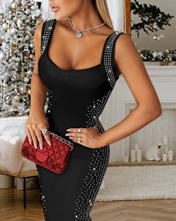 Kadın Askılı Dekolteli Taş Detaylı Kısa Ithal Krep Elbise